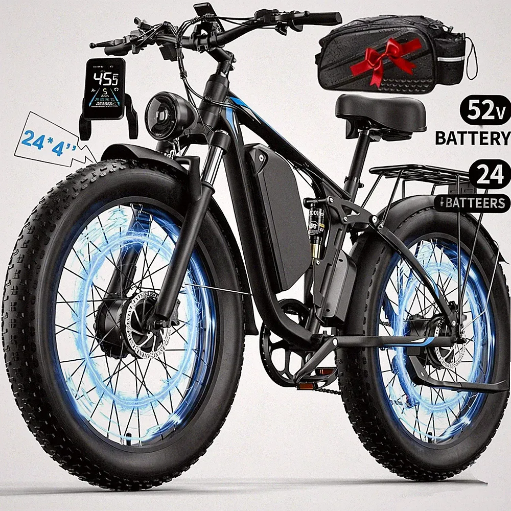 24" Fat Tire Electric Bike Dual Motor 5000W 52V 34Ah 45MPH Hydraulic Brake