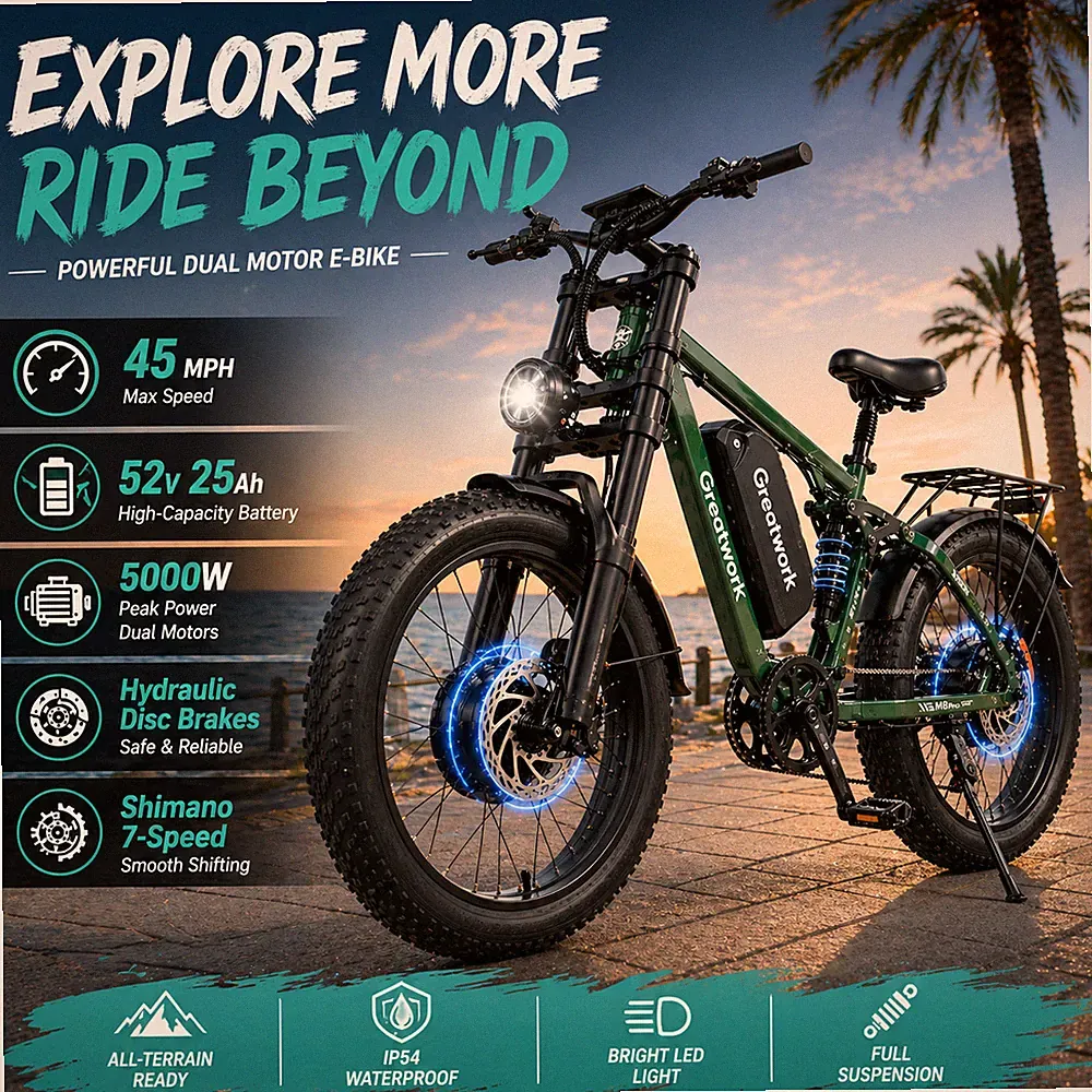 5000W Electric Mountain Bike for Adults 26" Fat Tire 45MPH 52V Off-Road Bicycle